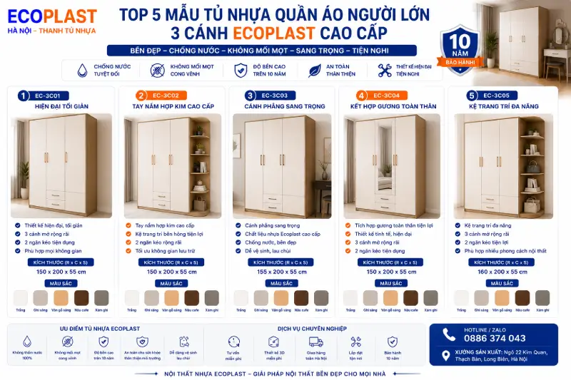 tủ nhựa quần áo người lớn 3 cánh Ecoplast